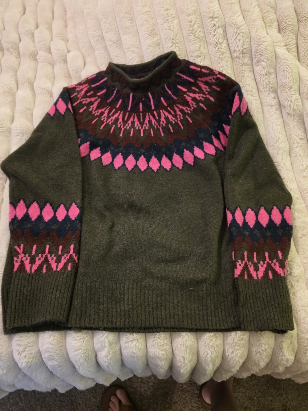 Olive Green Fair Isle Sweater with Pink Accents